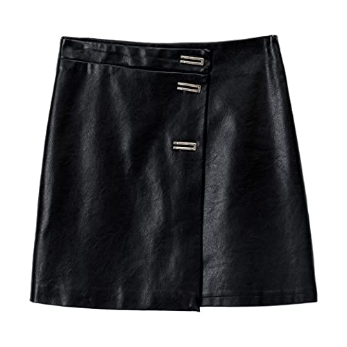 Yurasiku Mini Career Skirts For Woman Comfy Bodycon High Waist A-Shape Elegant Faux Leather Zipper Black Flared Skirt #TOP22