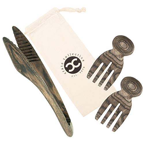 Exotic Pakka Wood Salad Hands & Tongs, Premium Salad Serving Utensils for Kitchen - Stylish Earth Friendly Pakkawood Features Multiple Colors and is 100% Food Safe - by Crate Collective (Beechnut)