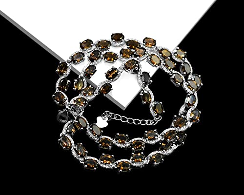 925 Sterling Silver Natural 6X4 Mm Oval Cut Brown Smokey Quartz Chain Adjustable Women Necklace June Birthstone Wedding Jewelry Gift For Bridal (21 Inches, Black Rhodium Plated Silver) #TOP3
