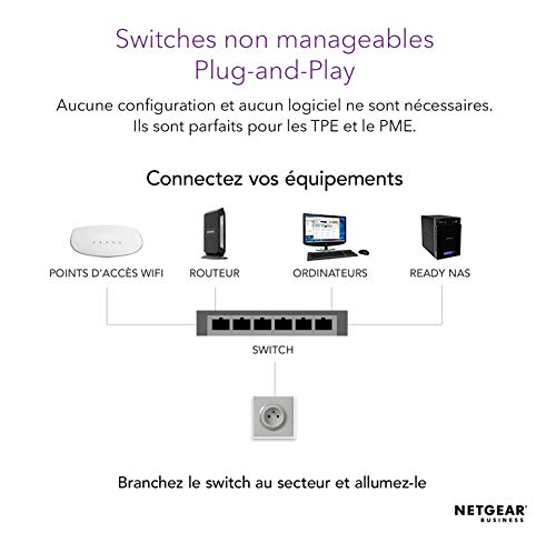 NETGEAR (GS105) Switch Ethernet 5 Ports RJ45 Métal Gigabit (10/100/1000), switch RJ45 Métal, Positionnement sur un bureau ou un mur, Protection ProSAFE, Garantie à Vie Idéal pour les PME et TPE