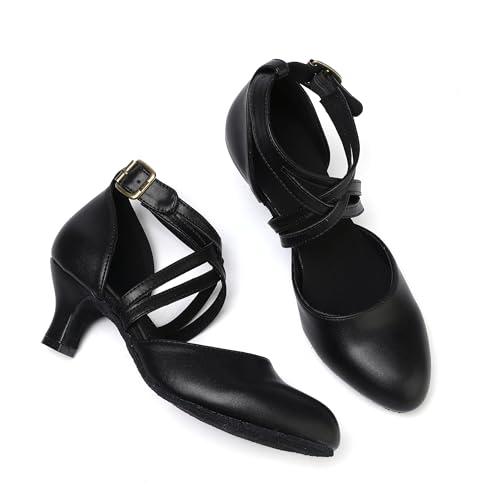 SLANINA Leather Sole Character Dance Shoes for Women Ankle Strap 2 Inch Heels for Ballroom Salsa Tango Wedding Flamenco Latin (Black, Adult, Women, 8, Numeric, US Footwear Size System, Medium)