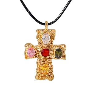 MAX 18K Gold Plated Hammered Color Cubic Zirconia Cross Pendant Necklace with Black String | Vibrant Hypoallergenic All-match Luxury Black String Necklace for Women | Cross Faith Pendant Necklace