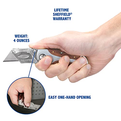 Sheffield 12525 Premium Lock Back Utility Knife 2 Pack, Box Cutter Knife, Carpet Knife, Drywall Cutter, Quick Change Blade, Aluminum And Wood Handle, Wood, Silver #TOP5