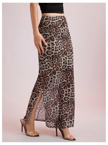 WDIRARA Women's Leopard Print Mesh Skirt Ruched Split Thigh Low Waist Maxi Skirts3