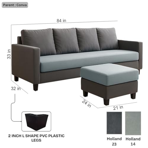Image of FURNY Arnold 5 Seater L Shape Sofa Set with Movable Ottoman | Flexible Left or Right Layout | Plush Velvet Fabric (Dark Grey-Light Grey) | Perfect for Living Room, Guest Room & Office