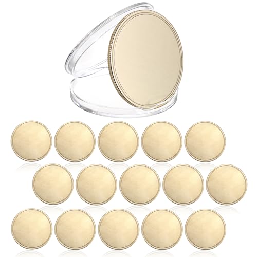 OwnMy 15PCS Blank Challenge Coins for Laser Engraving, 1.6 Inch Engraving Blank Brass Coins Metal Stamping Coins with Acrylic Protection Boxes, Custom Blank Challenge Coins Collections for DIY Crafts
