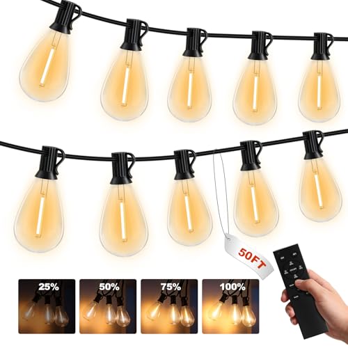 50FT Outdoor String Lights, 15m Waterproof Remote LED Patio Lights with 19+1 S11 Bulbs 10FT Extension Cable, Dimmable Outside Hanging Lights for House, Porch,Yard,Garden,Bistro, Gazebo lighting