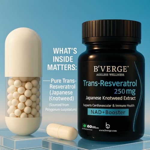 Image of B'VERGE Pure Trans-Resveratrol Supplement | 99.5% Pure NAD+ Booster | Supports Metabolism, Heart Health & Inflammation Relief - 250mg, 60 Capsules