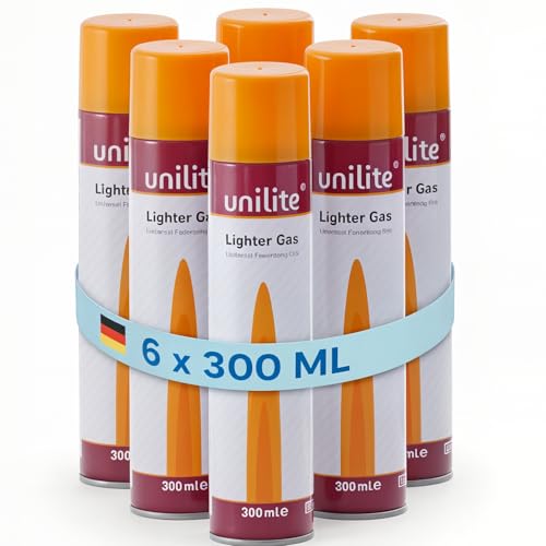 UNILITE Butan Feuerzeuggas - 6 x 300 ml - mit je 6 x Adapter - Gaskartusche zum Nachfüllen von Gasfeuerzeug, Küchenbrenner, Flammbierer,...