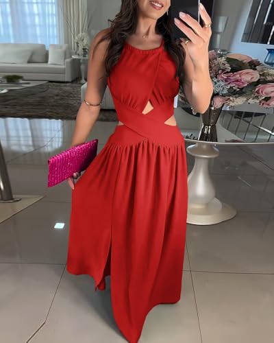 Image of CHICME Women's Sleeveless Halter Neck Dress Criss Cross Tie Back Split High Maxi Dress