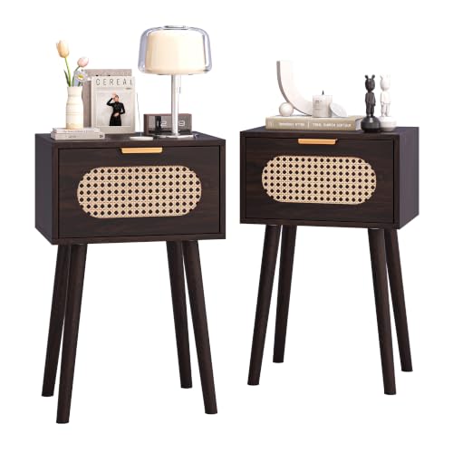 HUMTRIQ Nightstands Set of 2, Boho Bedside Table with Rattan Door,Wood Legs by HUMTRIQ - Used condition - US$52.24