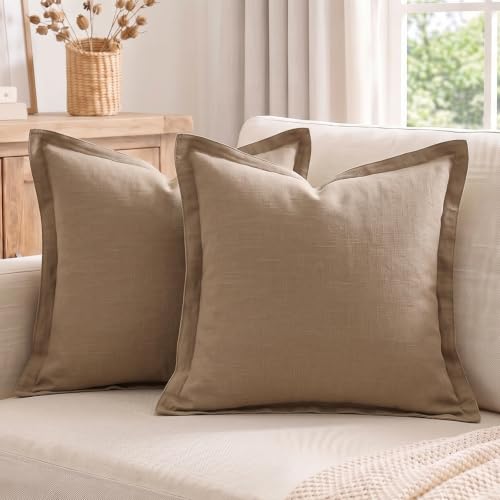Fancy Homi 2 Pcs Linen Brown Neutral 18x18 Inch Flange Throw Pillow Cover | Linen Throw Pillow Covers with Flange Edge, Neutral Modern Farmhouse Earth Tone Home Decor for Sofa, Couch, Bed, Living Room