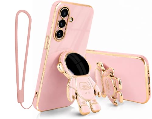 SpartanACC Astronaut Phone Case for Galaxy,TPU Girl Boy Cover with Gold Electroplated Edges,Soft Colorful Rotating Kickstand,Silicone Astro (1, Pink, Samsung A17)