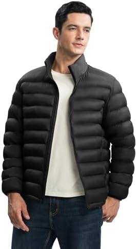 TBMPOY Men's Lightweight Puffer Down Jackets Detachable Hood Water-Resistant Winter Coat Hooded Insulated For Travel Ski Black L