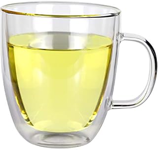 Large Clear Coffee Mug with Big Handle, Insulated Double Wall Glass, Microwave