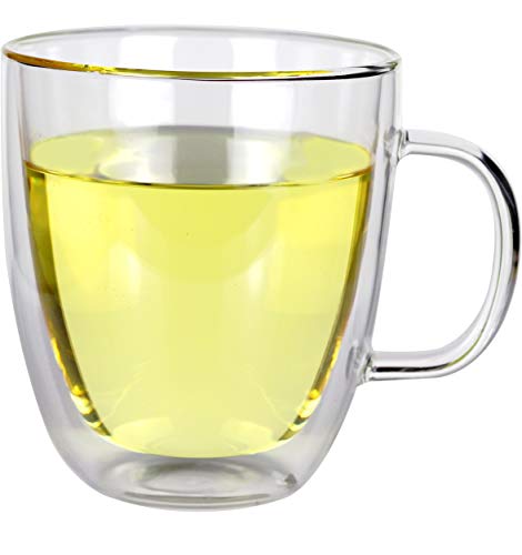 Large Clear Coffee Mug with Big Handle, Insulated Double Wall Glass, Microwave