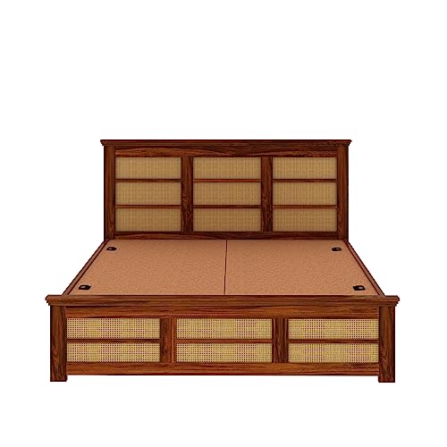 Image of Ganpati Arts Solid Sheesham Wood King Size Cane Bed with Box Storage Solid Wooden Double Bed Cot Bed with Box with Headboard (Natural Finish)