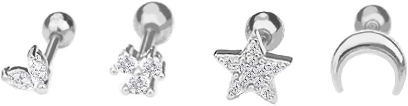 NewZenro Star Moon 16g Ear Cartilage Helix Surgical Stainless Steel Cubic Zirconia Studs Cartilage Earrings Huggie Screw Backs Ear Tragus Auricle Nose Lip Piercing Jewelry Set