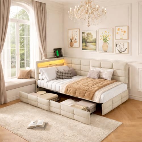 MIOOSUT Cama 90 X 200 con Almacenamiento, Cama Tapizada Sofá Cama con USB y Iluminación LED, Cama Juvenil con 2 Cajones, Forma de L, Cabecero Acolchado con Estante Abierto, Lino, Sin colchón, Beige