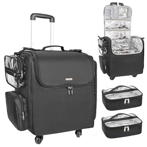 Relavel Rolling Makeup Train Case with 4 Wheels Hairstylist Traveling Bag with Adjustable Dividers & Heat Insulation Full Layer Hair Tools Cosmetics Storage Organizer Trolley Suitcase Makeup Cart