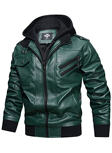 Image of HOOD CREW Men's Casual Stand Collar PU Faux Leather Zip-Up Motorcycle Bomber Jacket With a Removable Hood
