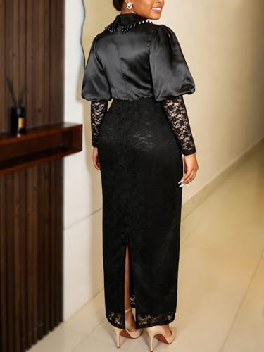 Image of ONTINVA Women's Floral Lace Long Sleeve Patchwork Mesh Slim Pencil Midi Dress