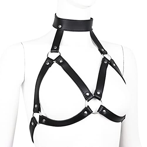 Women's Sexy Faux Leather Bondage Body Harness Belt Punk Gothic Metal Chain Tassel Body Chest Caged Bra for Rave Festival4