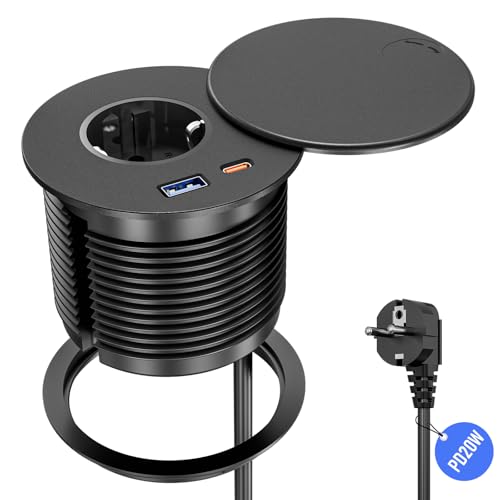 Inbyggt uttag med USB C PD 20 W, Sewingvr bordsuttag med lock, infällbart uttag med USB A och C, 2 m kabel, svart