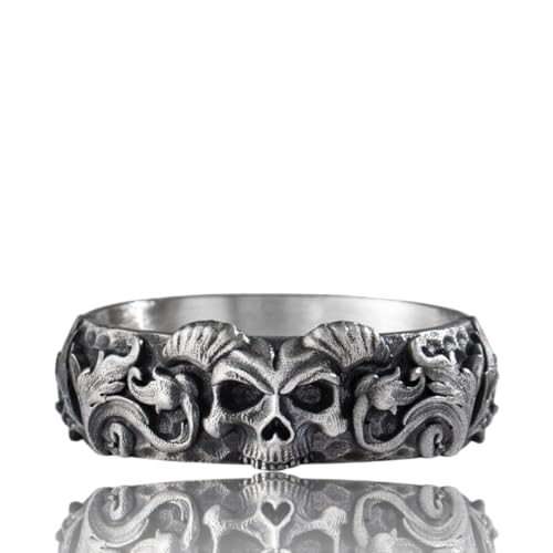Gothic Skull Ring For Men in 925 Sterling Silver, Vintage Gothic Jewelry For Men; Boyfriend - Dad - Husband, Punk Oxidized Silver Band, Handcrafted Biker Mens Ring with Demon, Gifts For Him