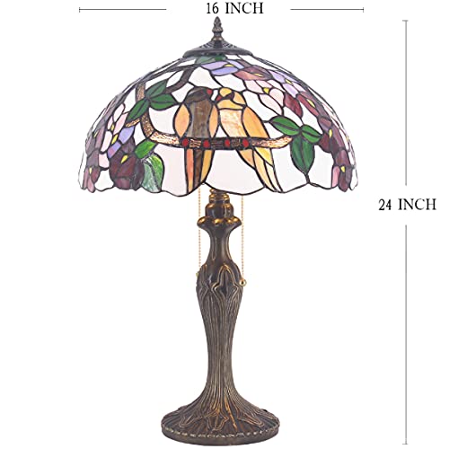 Werfactory Tiffany Style Table Lamp Double Birds Colorful Stained Glass Bedside Lamp 16X16X24 Inches Desk Light Metal Base Decor Bedroom Living Room Home Office S803 Series #TOP22