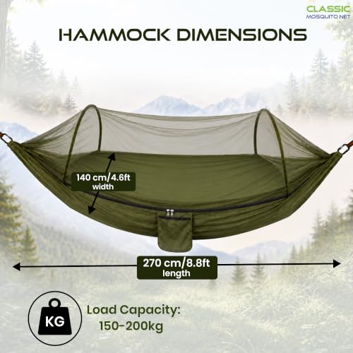 Image of Portable Camping Hammock by Classic Mosquito Net, Dark Green Nylon Hanging Swing with Carabiners for Hiking, Camping, Backpacking & Outdoor Travel
