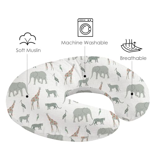 Image of Little Grape Land Muslin Nursing Pillow Covers 2 Pack, 100% Cotton Removable Breastfeeding Pillow Covers, Feeding Pillow Slipcovers for Baby Boys & Girls, (Safari & Green)