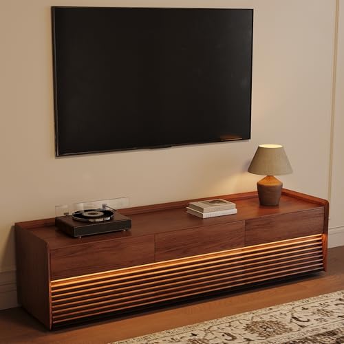 Image of POVISON Fully-Assembled Mid Century Modern TV Stand, 70.87 inch Wood Media Console with Adjustable LED Light, Entertainment Center with Storage for Living Room