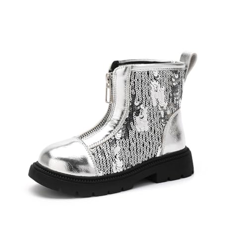 Girls' Glittery Waterproof Ankle Combat Boots with Side Zipper