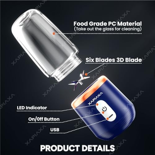Image of Xapiaxa Portable Blender USB Rechargeable Smoothie Maker with 6 Stainless Steel Blades, 3-Speed Electric Juicer, 1500mAh Battery Personal Mini Mixer Cup for Home, Travel & Gym (Multicolor)