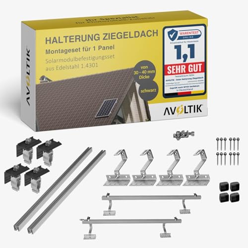 Avoltik Solar Ziegeldach Halterung für Balkonkraftwerk – PV Dachmontage Set für 1 Solarmodul 30–40 mm – Dachhalterung mit höhenverstellbaren Dachhaken aus Edelstahl & EASY-CLICK Befestigung