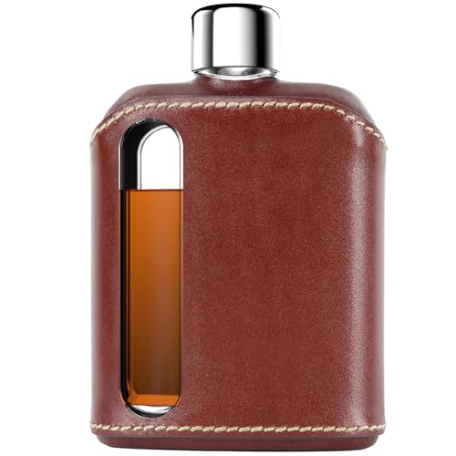 Ragproper Leather Glass Hip Flask for Men & Women – Durable Whiskey & Liquor Flask, Premium Authentic Leather Cover, Ideal Glass Flask – Double Shot 8oz (240ml), Dark Brown