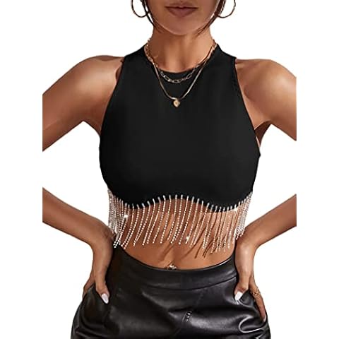 Betrodi Women Rhinestone Tassel Sleeveless Crop Top Crew Neck Rib Knitted Racerback Sparkly Fringe Trim Cropped Cami Party(Black,Medium) Cover