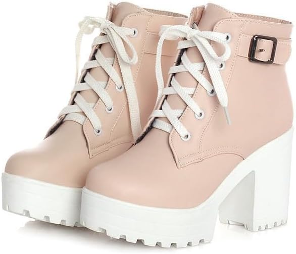 Women's Chunky Heeled Short Boots, Belt Buckle Decor Lace Up Block High Heels, Fashion Leather Ankle Boots