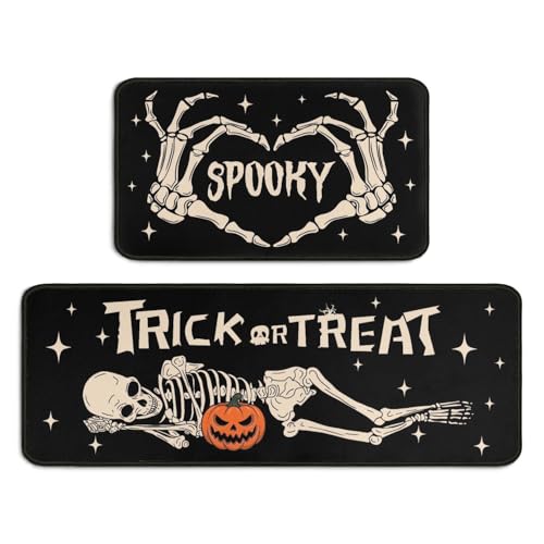 Ghroiep 2 Piece Halloween Kitchen Decor Rugs Set Skeleton Kitchen Rugs and Mats Non Skid Washable Absorbent Kitchen Accessories Decoration Floor Mats 17x47+17x30