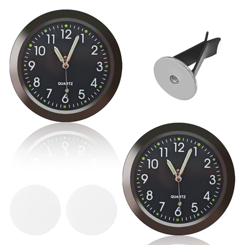 SWQS Mini Car Clock Stick on Dashboard Small Analog Clock, Luminous Waterproof Tiny Watch with Air Vent Clips & Adhesive, Universal Dash Board Decoration Accessories for Cars, Trucks, SUVs (Black)