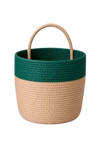 Image of JASMEY HOMES Wall Hanging Jute Basket for Vegetables /Newspaper Storage Box for Home /Milk Basket for Main Door Hanging (Green) - Cotton and Jute Material