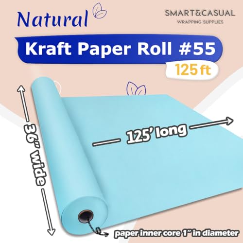 Image of SMART&CASUAL 36 inch x 1,500 inch (125') Light Blue Kraft Craft Paper Roll for Gift Wrapping Bulletin Board Bouquet Flower Art Packing Parcel Table Covering 80GSM 55LB (Light Blue, 36 inch x 125')