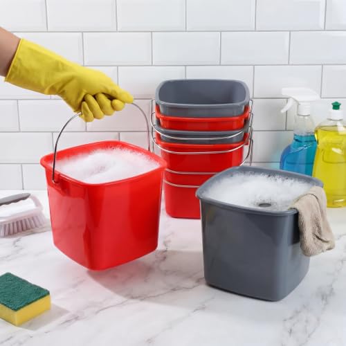 Image of Zhehao 6 Pcs 3 Quart Bucket for Cleaning Small Sanitizer Bucket for Restaurant Square Plastic Pail with Handles for Home, Offices, Commercial Use, Food Service(Red,Gray)