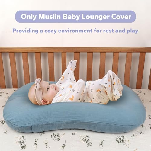 Image of FUNUPUP Muslin Baby Lounger Cover Only, Blueberries & Blue | 100% Muslin Cotton Soft Breathable Easy On /Off Envelope Closure Machine Washable Easy-Clean Protector Neutral Colors
