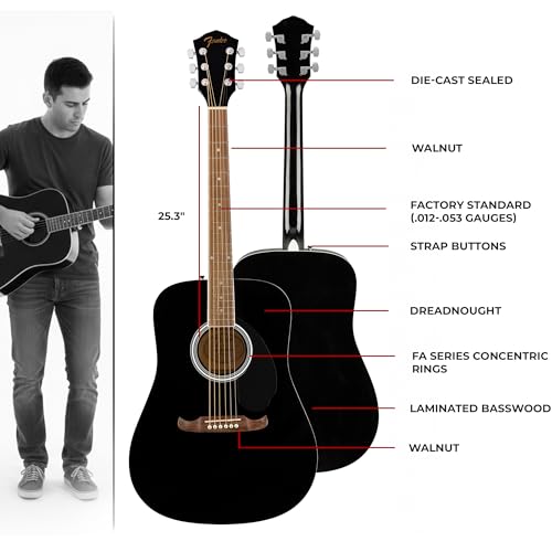image for Fender FA-125 Dreadnought Acoustic Guitar - Black Bundle with Gig Bag,