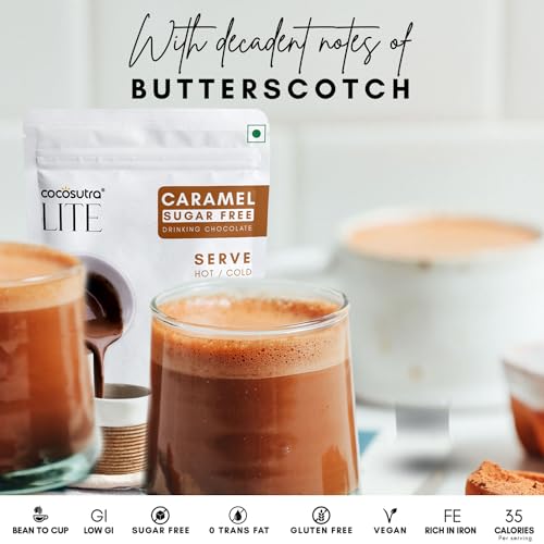 Image of COCOSUTRA SUGAR FREE Drinking Chocolate Mix - Caramel | Zero Sugar, Low Carb, Low Calorie | Stevia & Erythritol based | Keto Friendly Hot Chocolate | Vegan | Enjoy hot or cold | 200g | Zero Sugar, Low Carb, Low Calorie, Stevia & Erythritol Based, Keto Friendly
