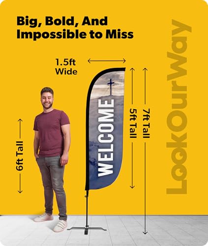 Image of LookOurWay Feather Flag Set - 5ft Tall Advertising Banner Flag with Pole Kit and X-Stand for Business Promotion - Welcome Church