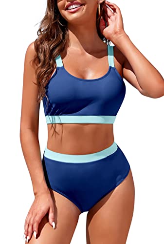 Image of Womens High Waisted Bikini Sets Sporty Crop Top Color Block Swimwear Bandeau Scoop Neck Vintage Two Piece Bathing Suits