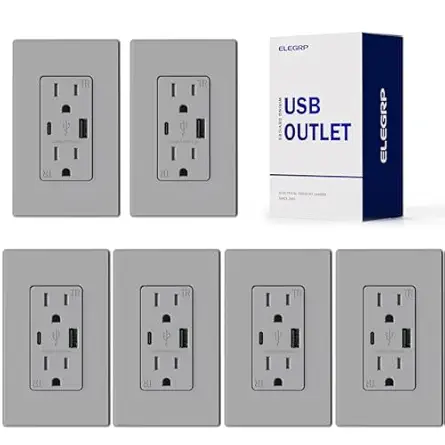 ELEGRP USB Wall Outlet, USB A & C Ports, 15 Amp Duplex Tamper Resistant Receptacle Plug NEMA 5-15R, Wall Plate Included, UL Listed, Matte Grey 6 Pack